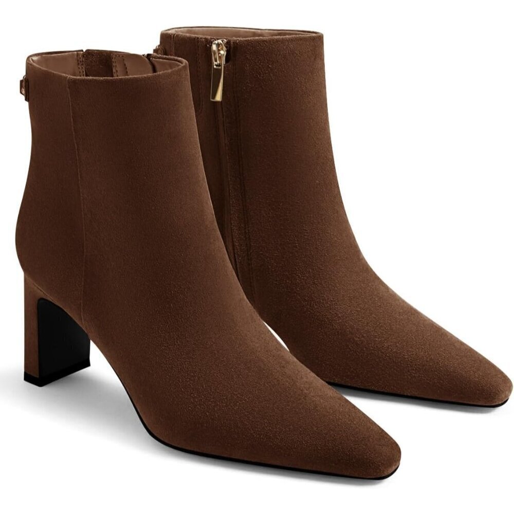 🆕Women's Coffee Ankle Boots Chunky Heel Closed Toe Booties Side Zipper Win